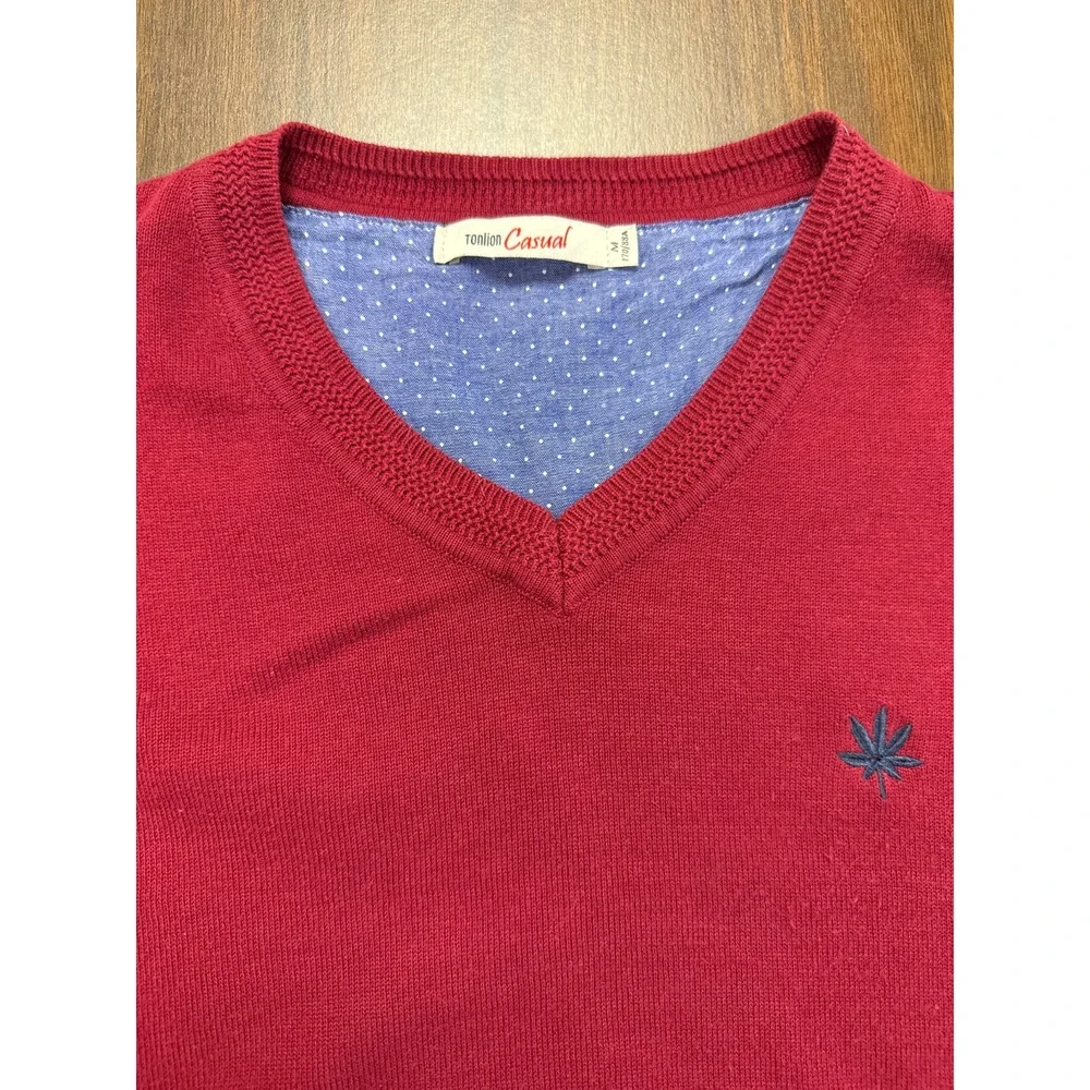 Tonlion Red V Neck 100% Cotton Knit Sweater Soft Classic Preppy M